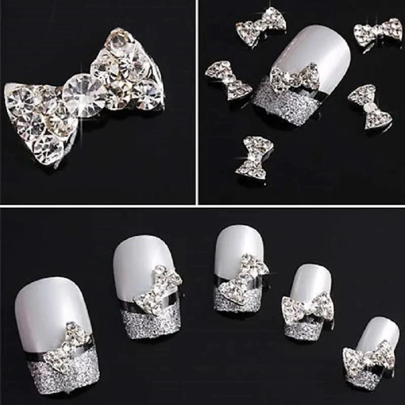 10PCs/Lot 3D Nail Art Decoration CLEAR DIAMANTE BOW Rhinestone Crystal Gems Nail Charms Nail Art Decoration LARGE RIBBON BOW