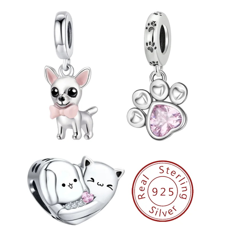 

925 Sterling Silver Cute Pink Cat Puppy Paws Charms Beads Fit Original Bracelets Bangles For Women DIY Fine Jewelry