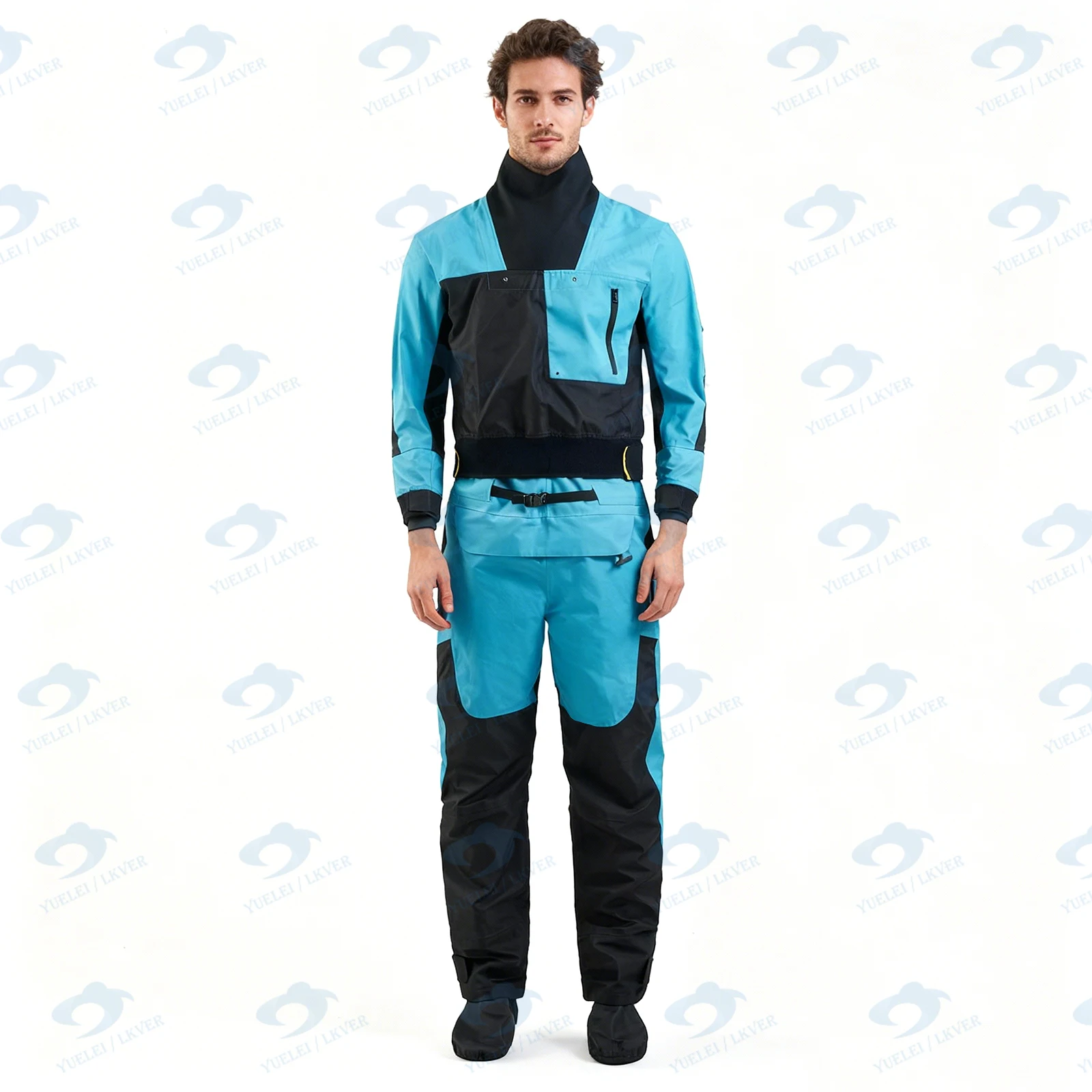 

Kayak Dry Suit Latex Neck, wrist Gaskets three-layer Fabric is Breathable and Waterproof Adjustable Bungee Drawcord at Waist