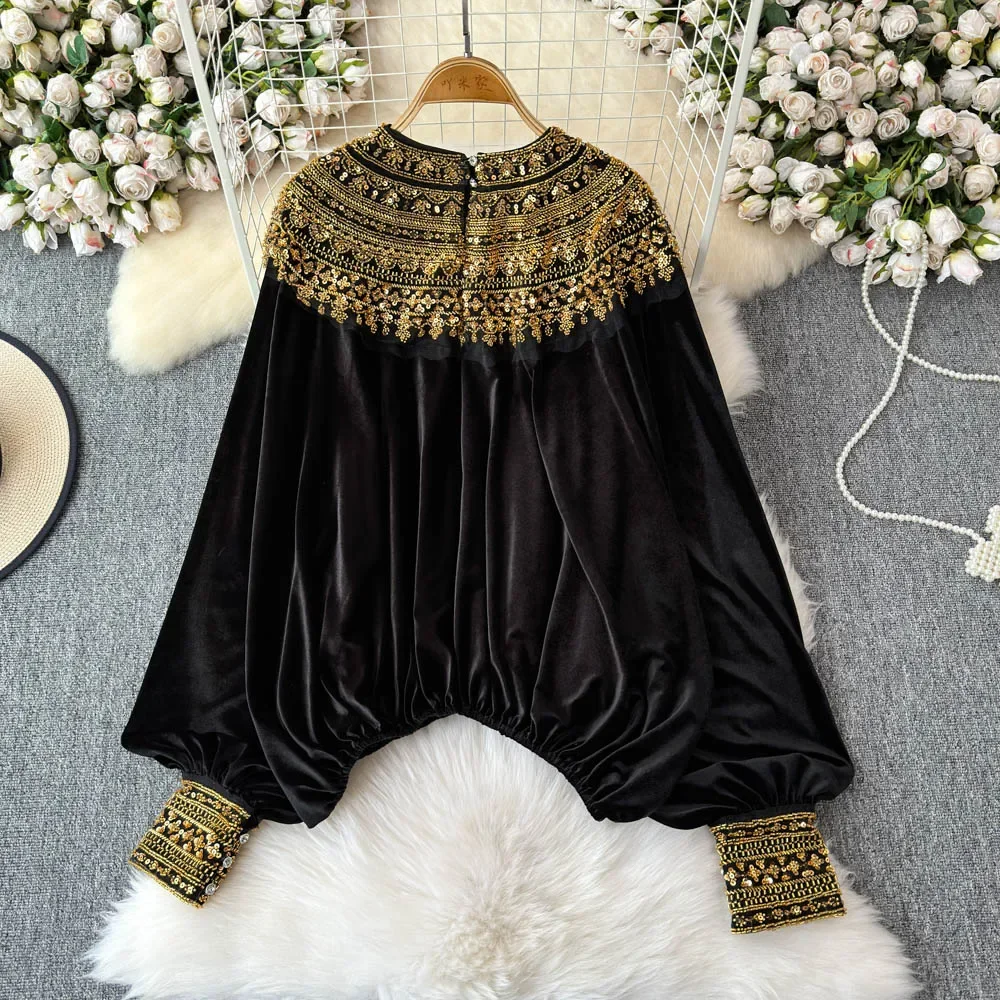 Basics O-neck Vintage Long Sleeve Elegant Chic Gold Sequins Loose Velvet Top French Streetwear High Street Autumn Winter Blouse