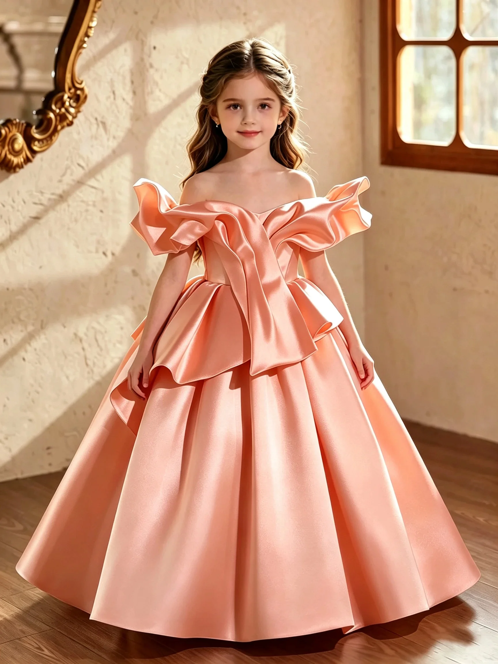 Elegant Satin Flower Girl Dress for Wedding Off Shoulder Floor Lenght Kids Birthday Party First Communion Ball Gown Custom