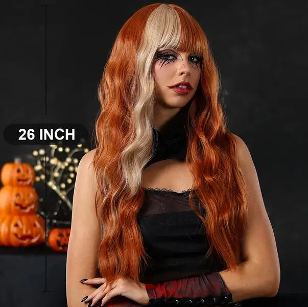 Orange Long Wavy Wig with Bangs Blonde Highlight Wig Natural Wave Holiday Synthetic Hair Wigs Women Heat Resistant Cosplay Wig