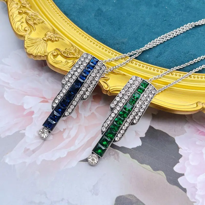 Long Pendant Glass Stone Necklace Rhinestone Green Blue Simple Deco Jewelry For Women