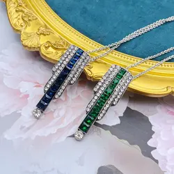 Long Pendant Glass Stone Necklace Rhinestone Green Blue Simple Deco Jewelry For Women