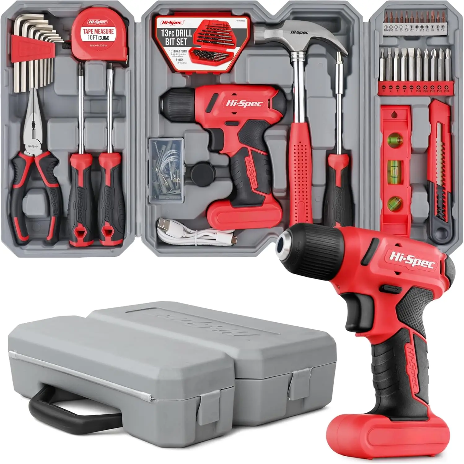 

58pc 8V USB Electric Cordless Drill Driver & Home DIY Tool Kit Set with Screwdriver Bits, Pliers, Hammer in Case