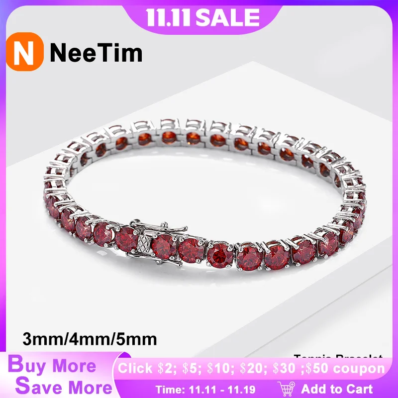 

NeeTim красные и белые теннисные браслеты с муассанитом для женщин и мужчин, стерлинговое серебро 925 пробы с покрытием из белого золота, браслет в стиле хип-хоп