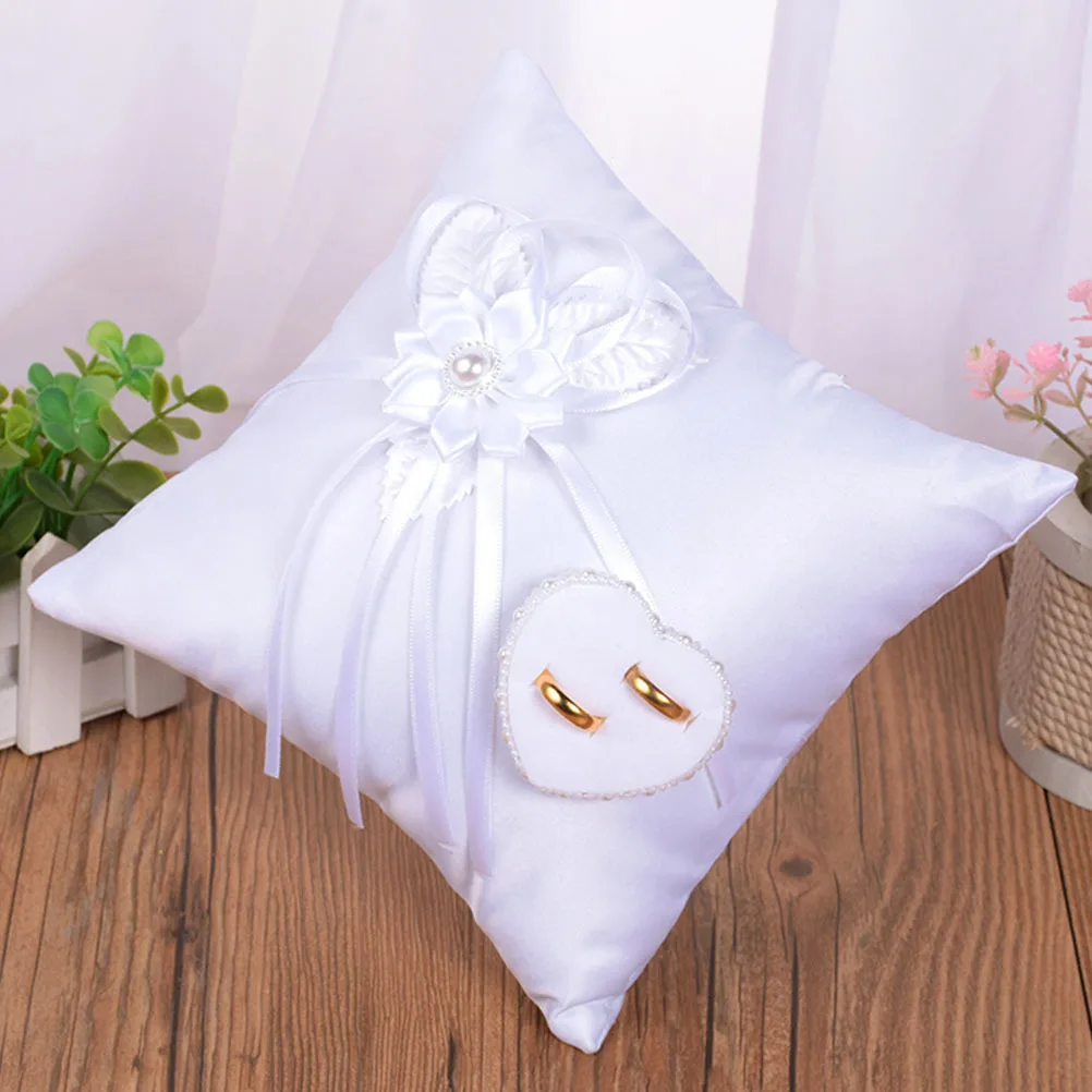 

1Pcs Compact Wedding Ring Pillow White Floral Design Square Cushion for Ceremony Ring Bearer Decor Lasting Memory