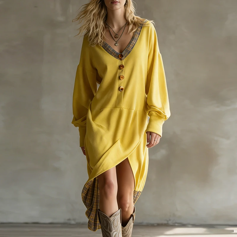 Robe longue Sexy pour femme, col en V profond, fente creuse, rétro, Patchwork, boutons à carreaux, Maxi, manches longues, ample, style Boho, automne