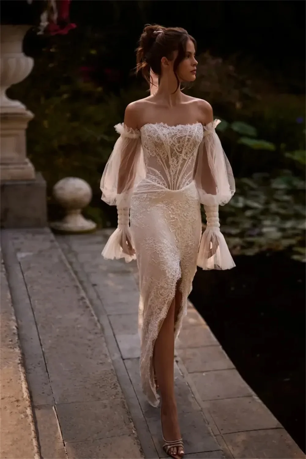 Tokyo – robe de mariée blanche sans bretelles, personnalisée, manches détachables, traîne en dentelle, fermeture éclair au dos, fente latérale haute