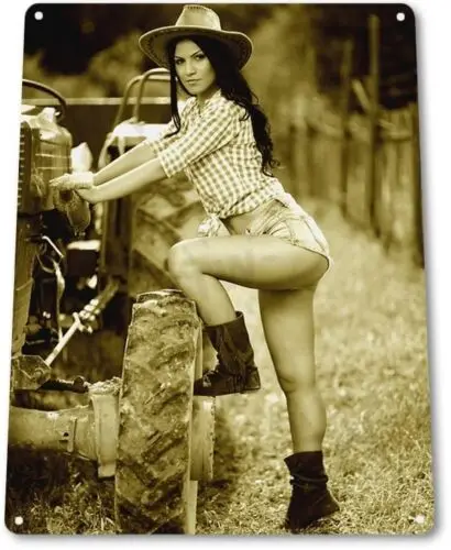 Brushhog Pinup Girl Sexy Cowgirl Barn Farm Man Cave Wall Decor Metal Tin Sign