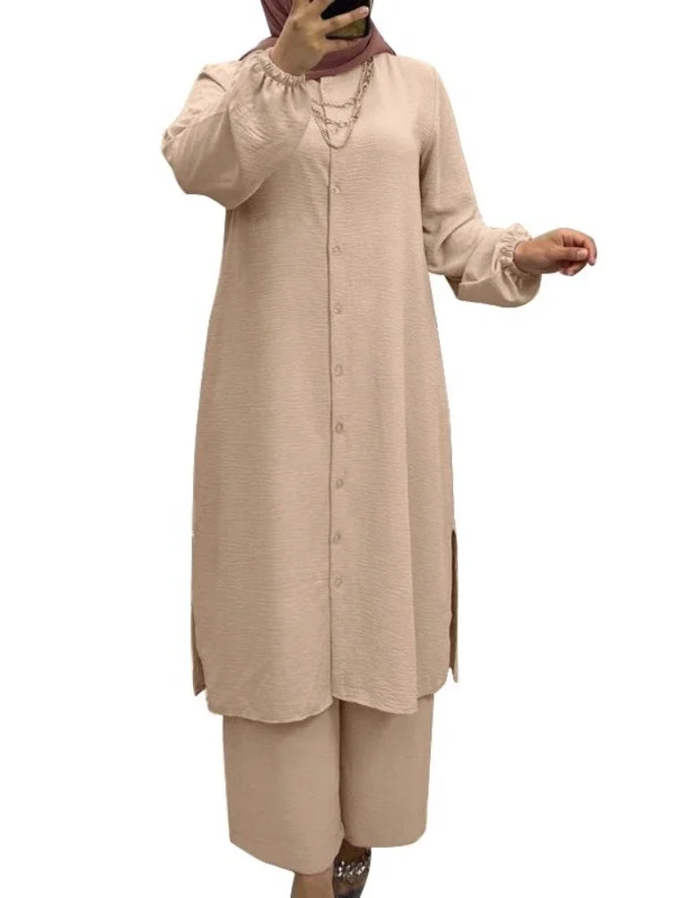 Eid Moslim Set Vrouwen 2 Delige Shirt Blouses Wijde Pijpen Broek Musulman Ensemble Dubai Casual Arab Ramadan Kaftan 2024 Outfit Pakken