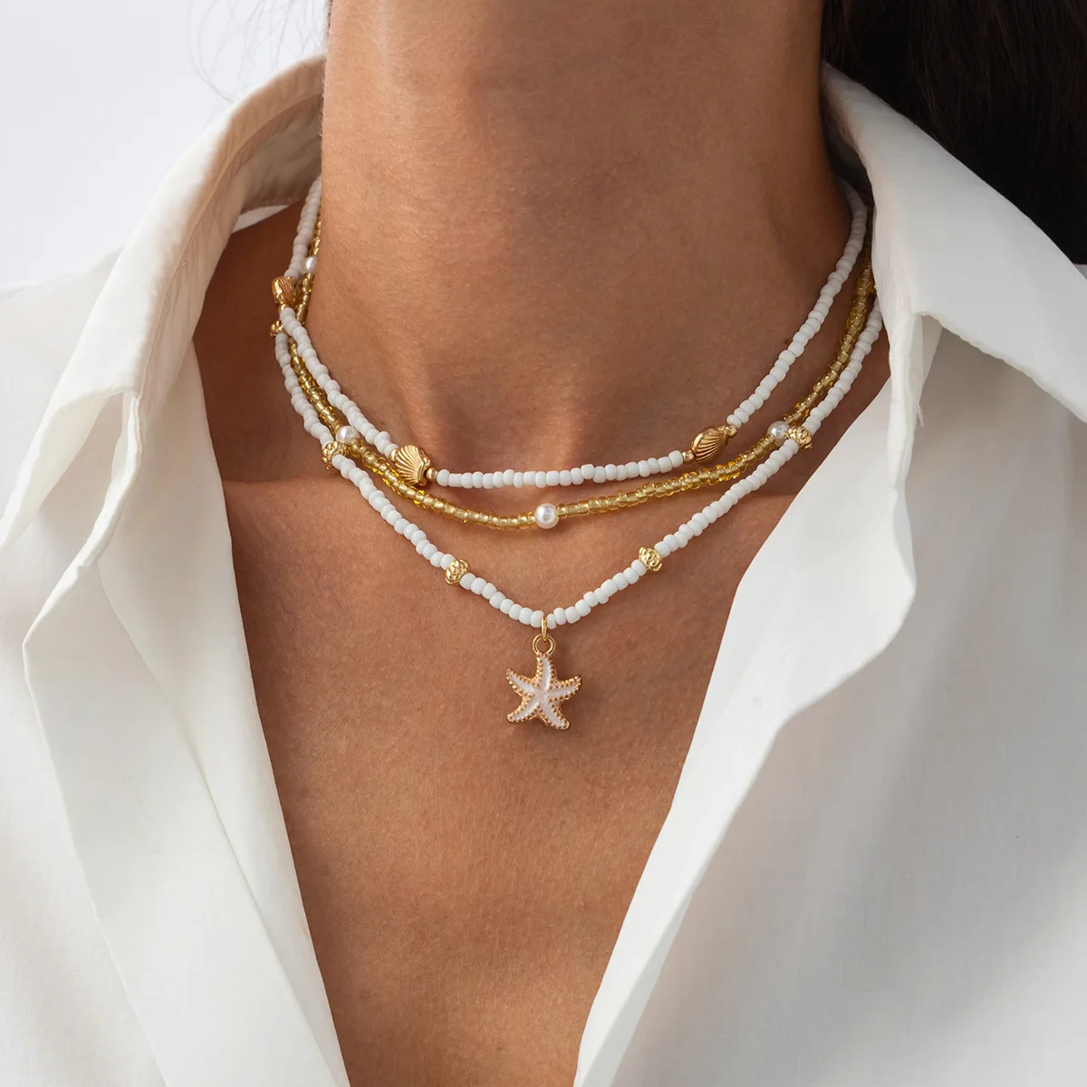 

Ailodo 3 Pcs/Set Seed Beads Strand Necklace For Women Bohemian Shell Starfish Summer Beach Necklace Fashion Jewelry Girls Gift