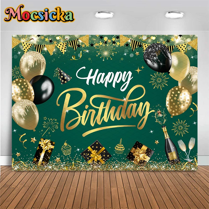 Mocsicka Dark Green Happy Birthday Photography Backdrop Gold Balloon Champagne Gift Box Background Cloth Adult Party Photo Booth