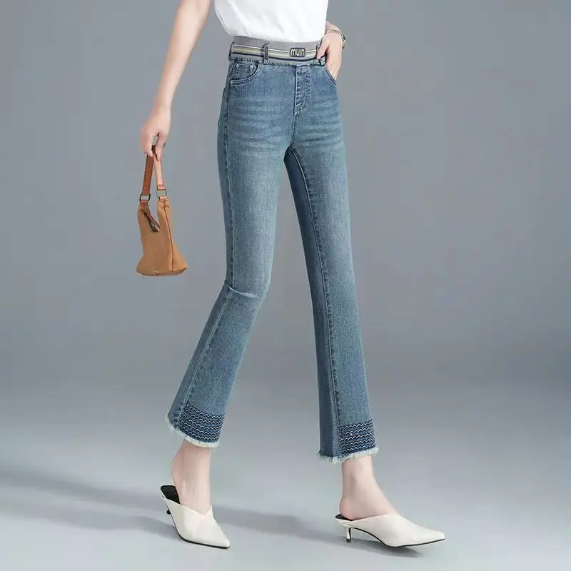 Women\'s Jeans Denim Flare Elastic Band Elastic High Waist Slim Flash Fashion All-match Comfortable Office Lady Washed Pants