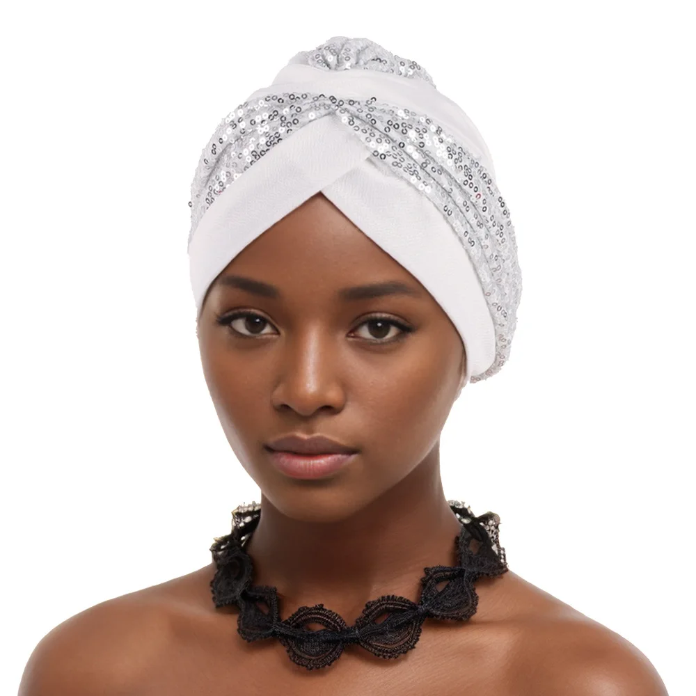 Shining Sequins African Turban Cap Female Head Wraps Muslim Headscarf Bonnet Hijab Hat Nigeria Wedding Party Headpiece