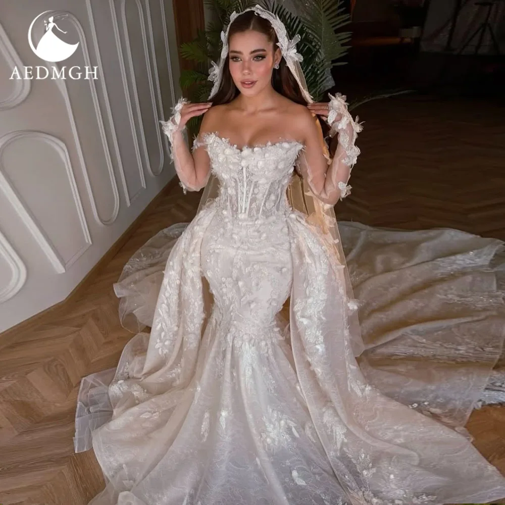 

Aedmgh Mermaid Sexy Wedding Dresses Strapless Vestido De Novia Lace 3D Flowers Detachable Train Vintage Custom Made Bridal Gown
