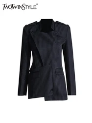 Tweetwinstyle Onregelmatige Gestreepte Gesplitste Knoop Streetwear Blazer Voor Dames Revers Lange Mouw Afslankende Temperament Jas Dames Nieuw