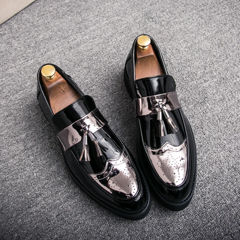 2023 New Luxury Brand Men\'s Glossy Leather Shoes High-end Gold Patchwork Men\'s Height Increasing Shoes Banquet Dress Shoes