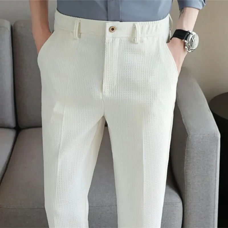 New Men Waffle Suit Pants Black / White / Khaki Fashion Male Business Social Wedding Prom Party Dress Trousers