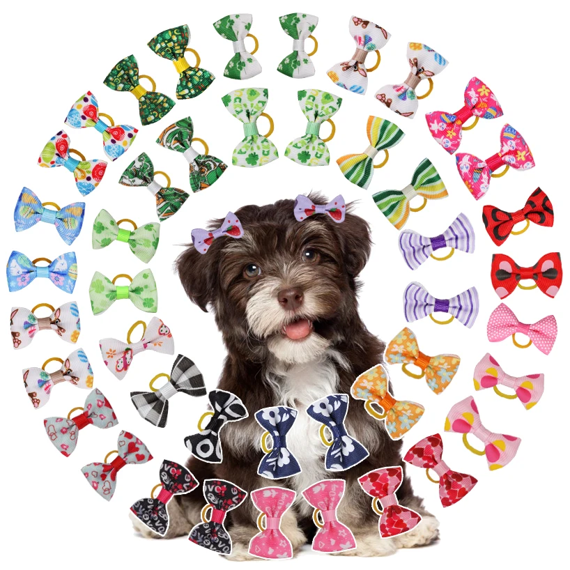 12/24/36pcs Pet Dog Bows Ball Hair Rubber Bands Grooming Puppy Pet Headwear Valentine's Day St. Patrick's Day Independence Day