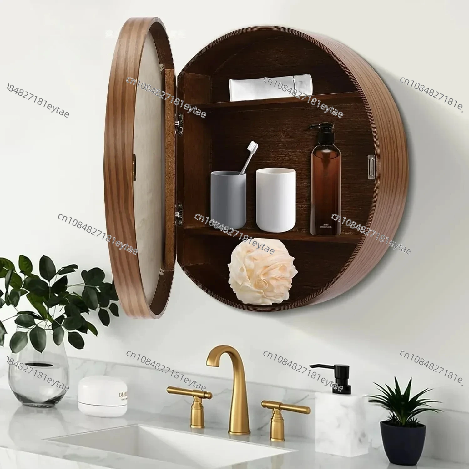 Smart Round Bathroom Mirror Cabinet, Solid Wood, Modern Mirrored Bathroom Makeup, Wall Mounted Round Mirror with Storage