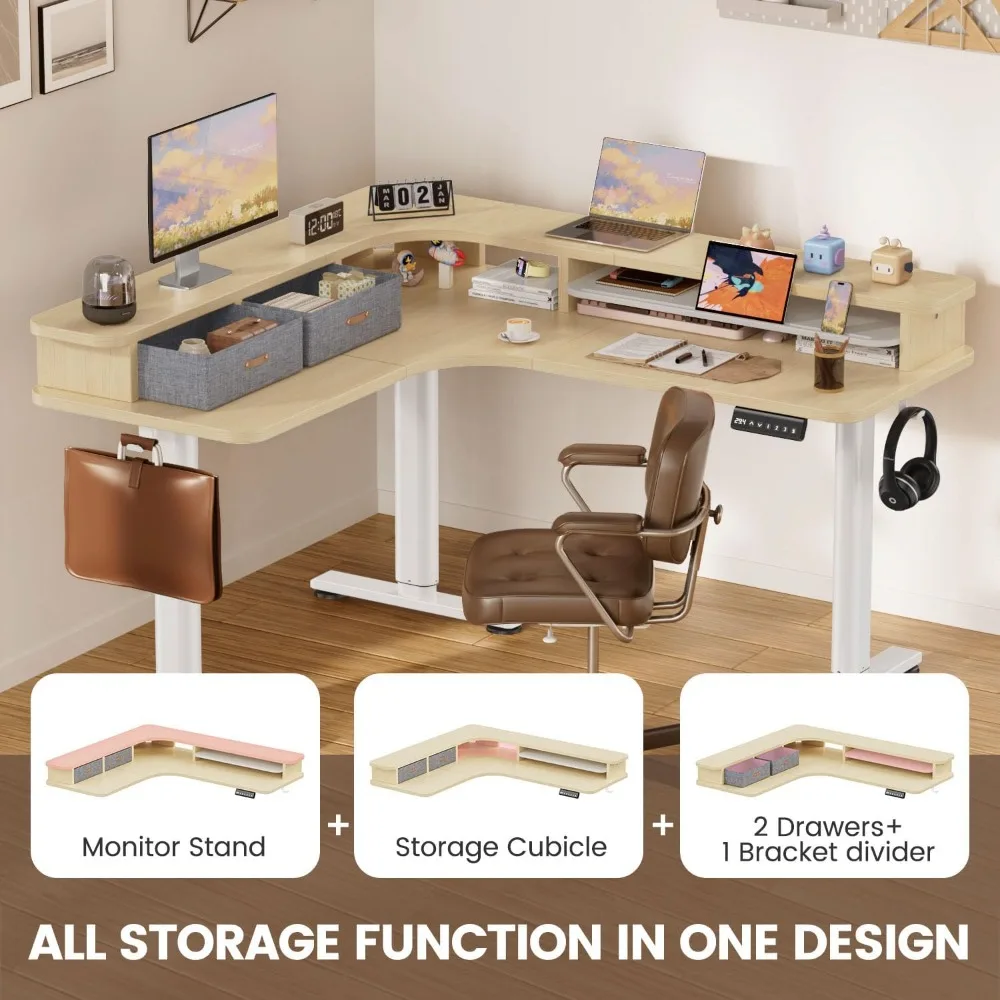 مكتب قائم كهربائي على شكل حرف L مع أدراج، مكتب قائم زاوية مقاس 63 بوصة × 55 بوصة ارتفاع قابل للتعديل، مكتب مكتب منزلي قائم