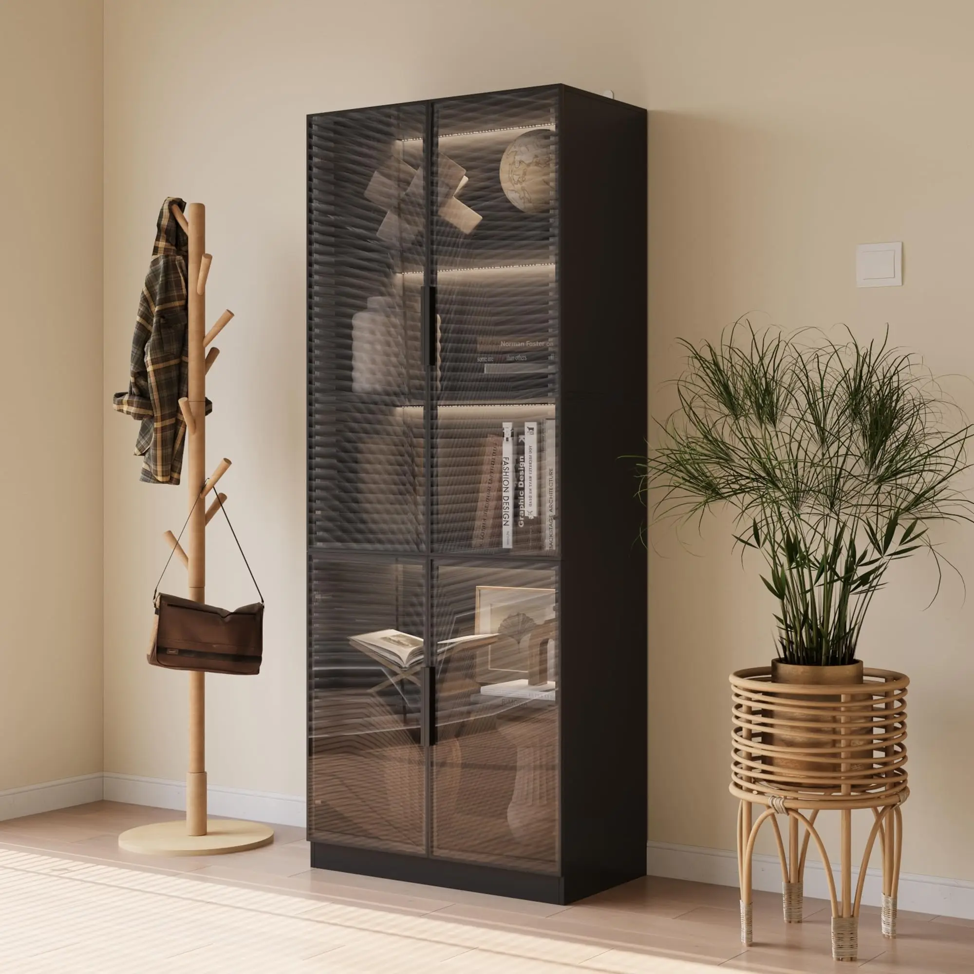 Glass Display Cabinet with 5-Tier Storage, Curio Cabinet with 4 Tempered Glass Doors and RGB Lights, Display Case for