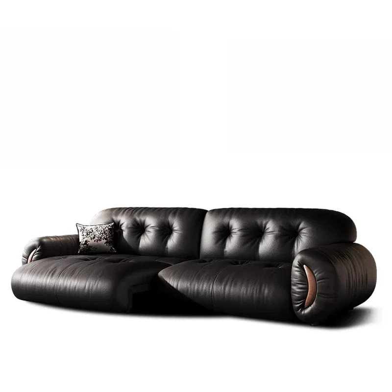 Electric sofa Italian minimalist French retro style living room black first layer cowhide cloud sofa bed