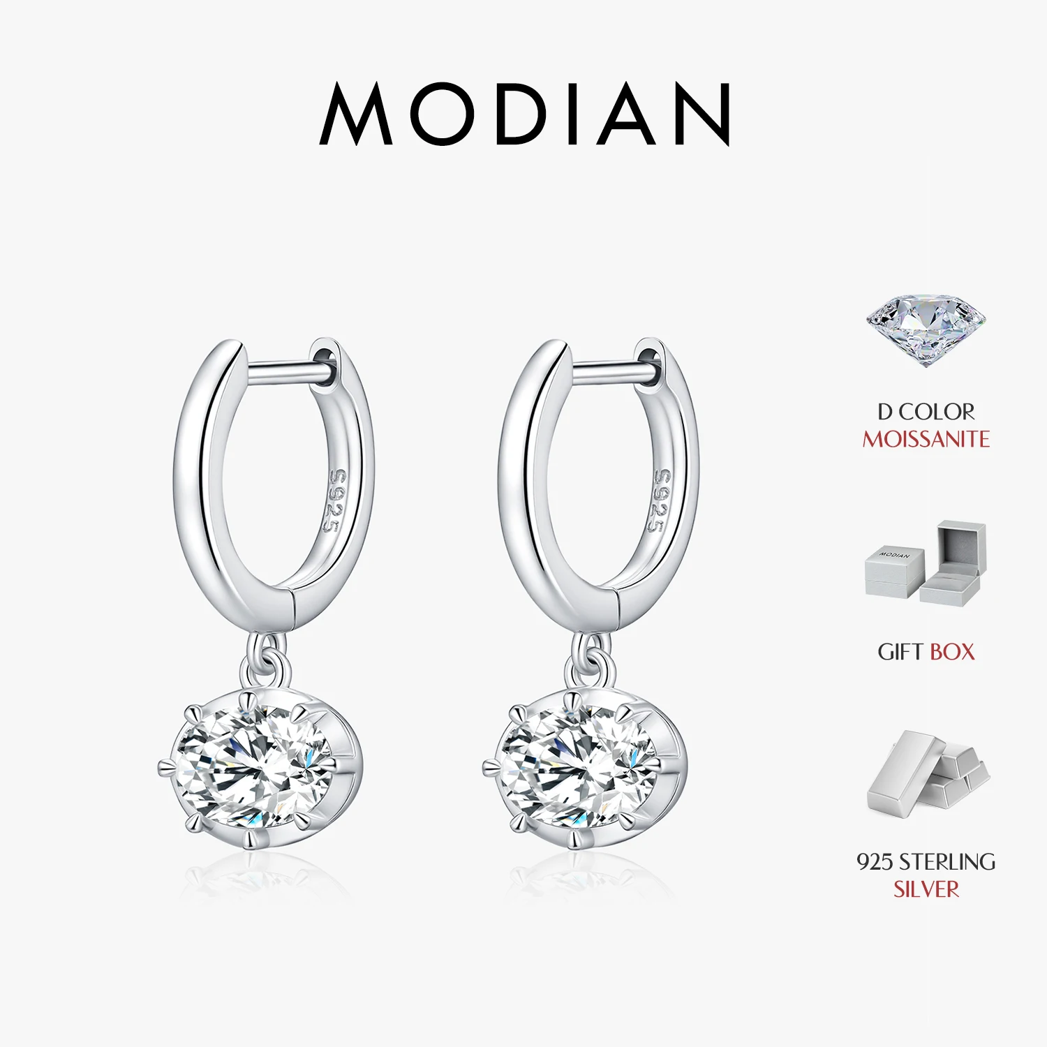 MODIAN Ovale Moissanit-Ohrclips aus 925er Sterlingsilber, luxuriöse Labordiamant-Swing-Creolen für Damen, edler Schmuck, Geschenke
