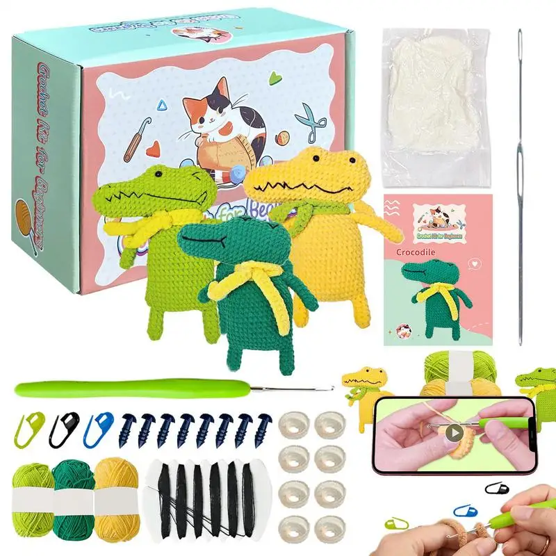 Crochet Animal Kit Art Supplies Knitting Crochet Kits Cartoon Crocodile Crocheting Kit with Step-By-Step Tutorials Knitting Kit