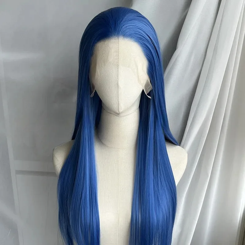 Peluca con malla frontal azul real, pelo largo liso 13*4, fibras resistentes al calor, peluca sintética de alta calidad, pelucas Jinx para Cosplay