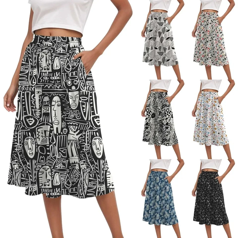 

Summer Women Floral Print Skirts Bohemian High Waist Midi Length Skirt With Pockets Ladies A-Line Swing Beach Skirts Faldas