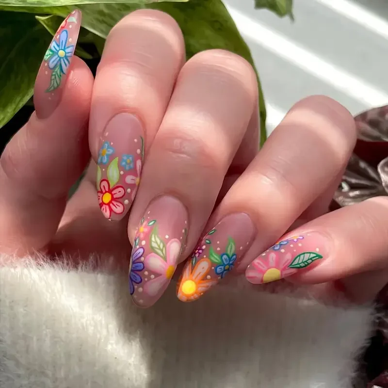 24pcs Almond Shaped Press On Nails Middle-Length Full Cover False Nail Flower Pattern Mixed Color Nail Art for Women and Girl