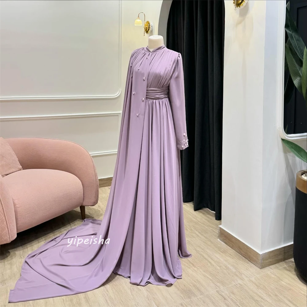 Prom Dress Saudi Arabia Simple Modern Style Formal Evening High Collar A-line Draped Pleat Floor-Length Satin Prom Dresses