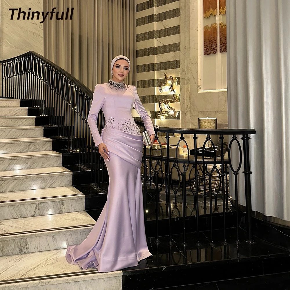 

Thinyfull Mermaid Muslim Prom Dresses Full Sleeves Satin Crystal Evening Gown Long Formal Dress robes de soirée Customized