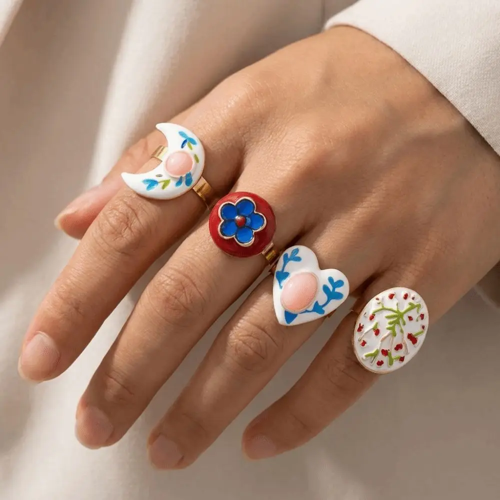 Simple Alloy Flower Open Ring Round Heart Crescent Shape Elegant Drip Oil Ring Versatile Design Geometric Adjustable Ring