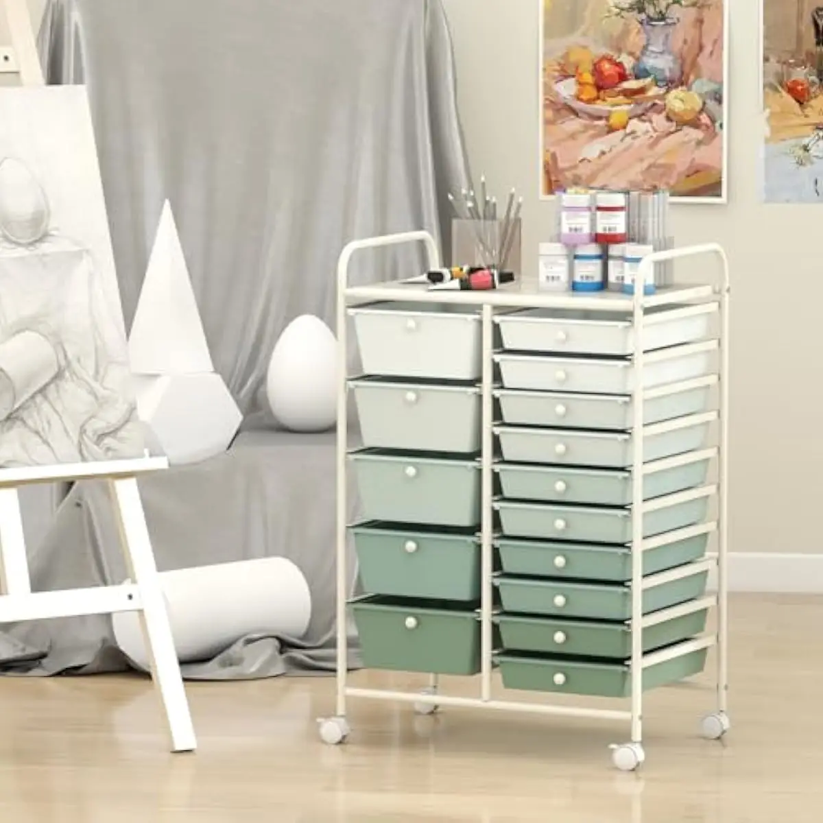 15-Drawer Mobile Storage Trolley with Smooth-Gliding Casters and Locking Brakes • Heavy-Duty Metal Frame • 5 Large + 10 Medium R