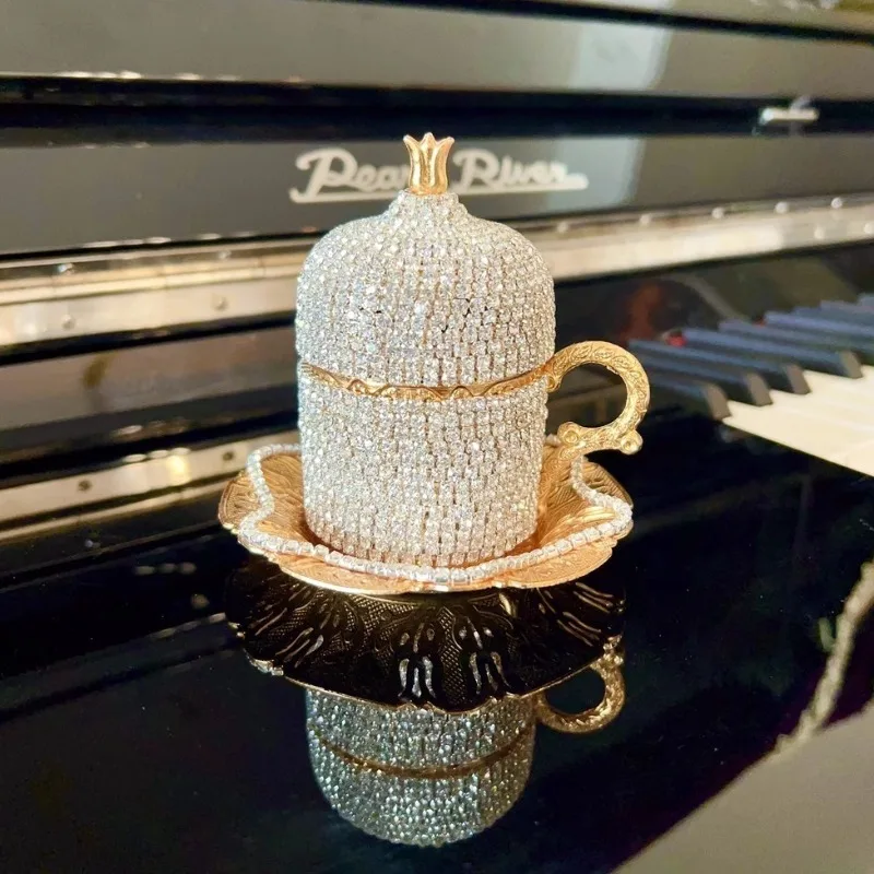 Hand Rhinestones Gold Coffee Mug Cup Vintage Luxury Metal Espresso Set European Gilded Drinkware ‌Art Decorative Coffee Cup