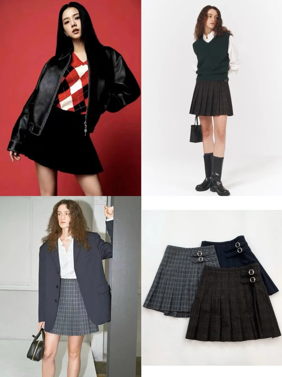 

Осенне-зимняя плиссированная юбка в клетку с поясом, шерстяная, короткая, коллекция Jisoo23 Осень-Зима