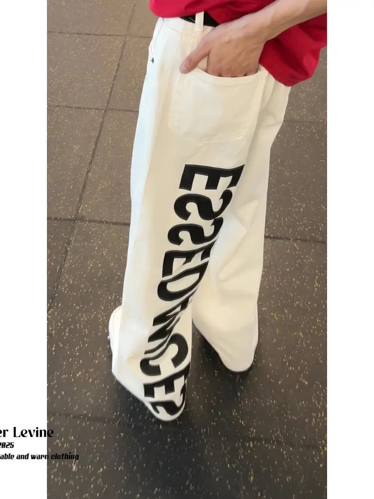 

American Sle Loose Fit Straight Leg Jeans Men's Vintage Letter Print Cleanfit High Street Wide Leg Pants Casual Teens