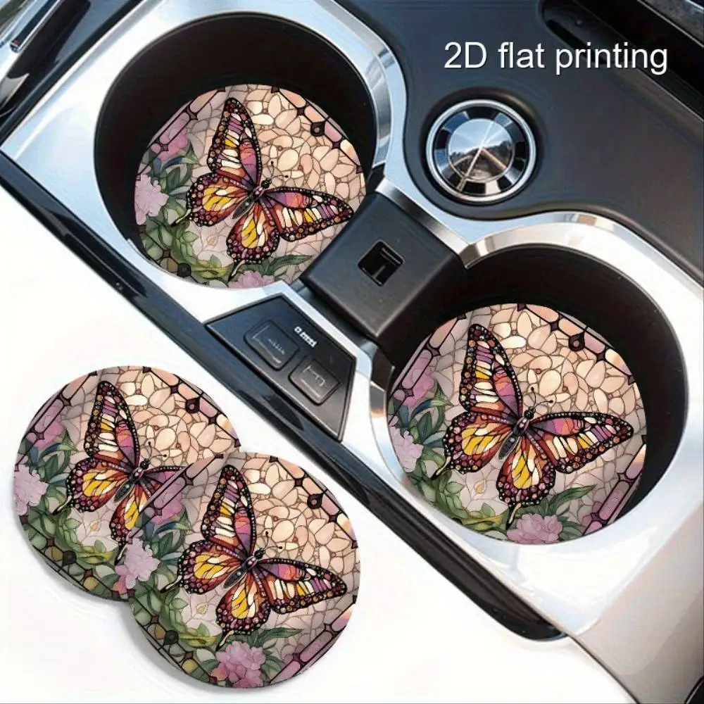 Stained Glass Butterfly Floral Car Coasters Set Of 2. Vibrant Textured Grip Ideal For Car Cup Holders & Interior Decor.
