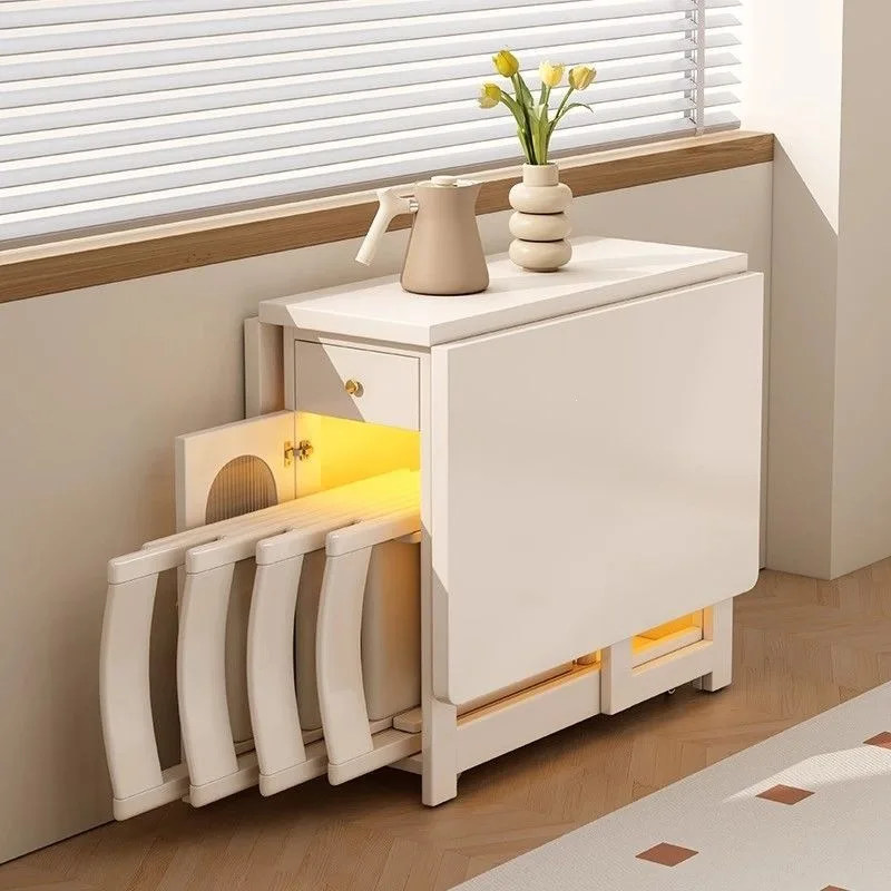 Solid wood folding dining table and chair combination, a complete set of storage household mobile rectangular small apartment ro