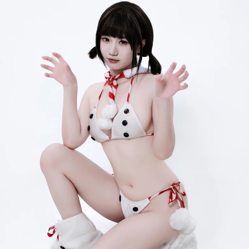 Costume de Cosplay de bonhomme de neige d'hiver pour femmes, tenues de jeu de rôle d'anime d'halloween, uniforme de noël du père noël, ensemble de Bikini de Lingerie érotique
