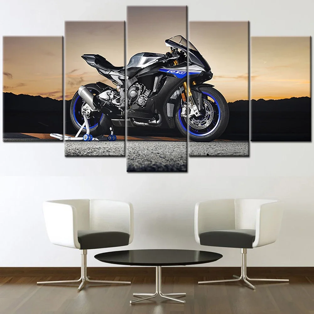 No Framed 5 Panel Super Motorcycle Sunset Car Canvas Mural Posters Wall Print Art Pictures Paintings for Living Room Home Decor