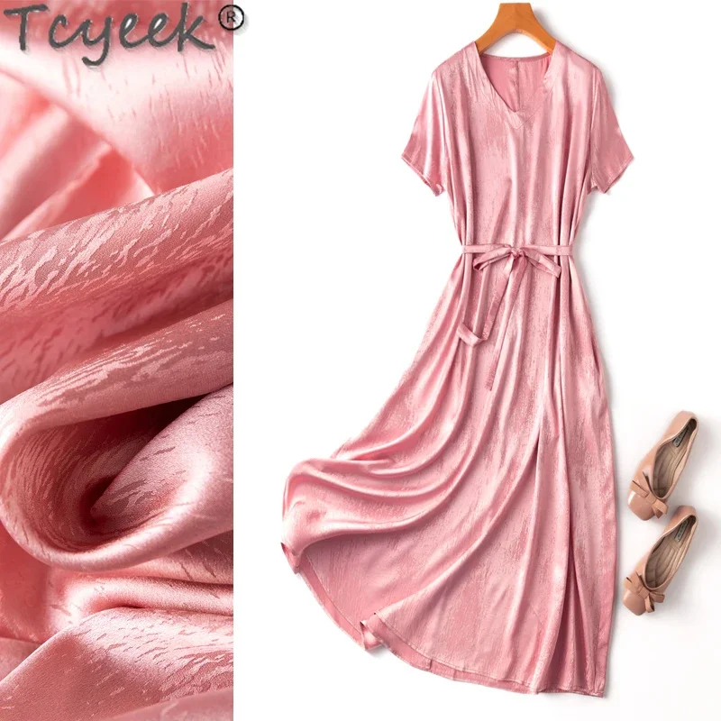 

22MM Tcyeek Real 93% Mulberry Silk Elegant es for Women Solid Spring Summer Maxi Dress Womens Clothing V-neck