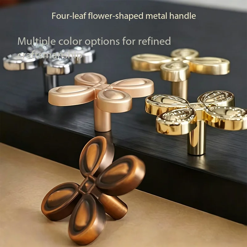 French Retro Mid-Century Bronze Four Leaf Clover Knobs Minimalist Handles for Wardrobe Cabinet Drawer Furniture Hardware