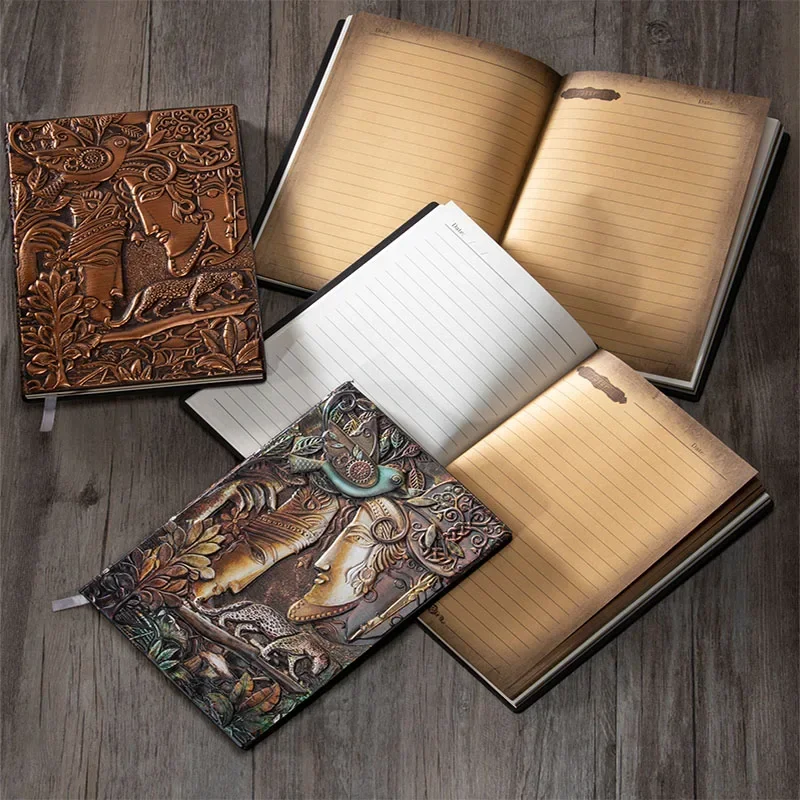 A5 Vintage Stereo Embossed Notebook Leather Hardside Waterproof Durable Travel Diary Student Notepad Office Stationery