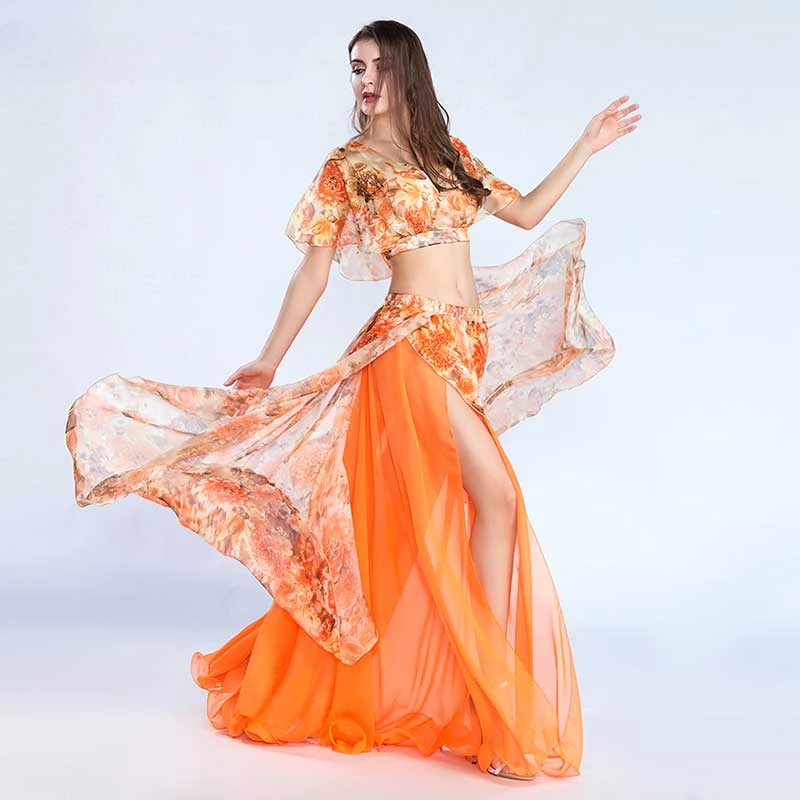 Belly dance dress Women's training dress Wrinkle-proof chiffon fabric double slit long dress (with adjustable buckle)