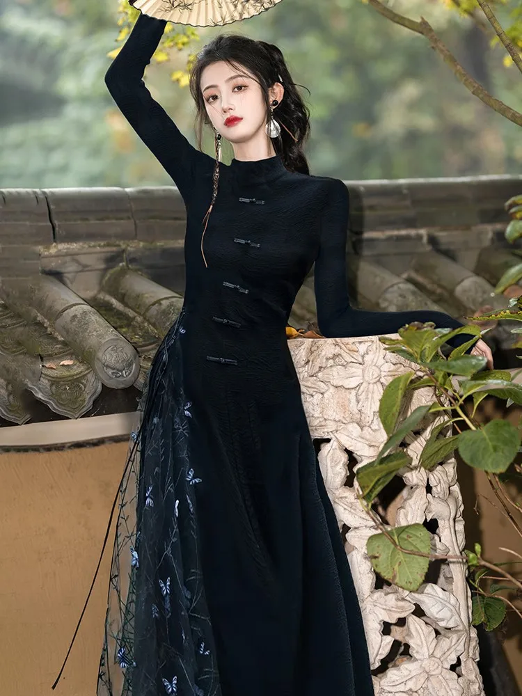 New Chinese-style daily cheongsam dress a three-dimensional black long for women