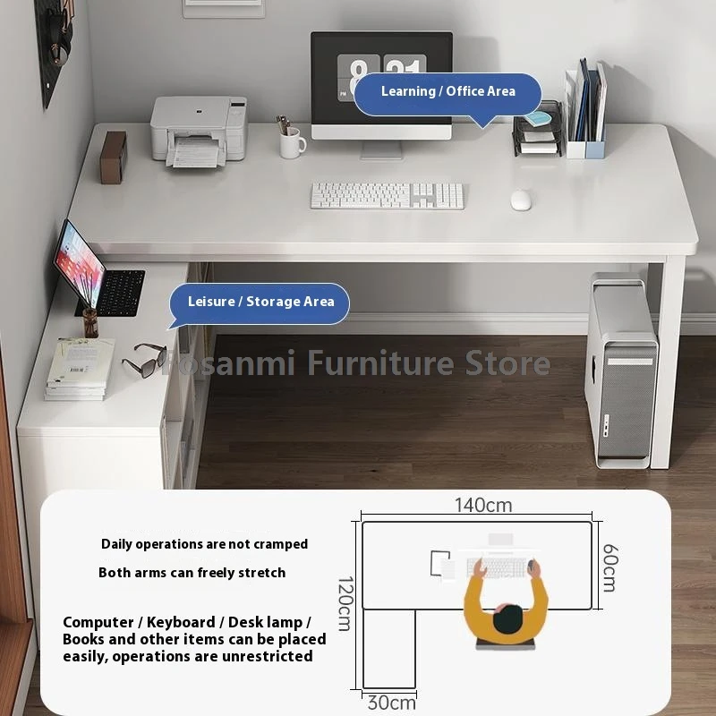 モダンなL字型ホワイトオフィスデスクチェアセット、収納キャビネット付きコーナーライティングゲーミングコンピューターデスクとチェア、ホーム家具